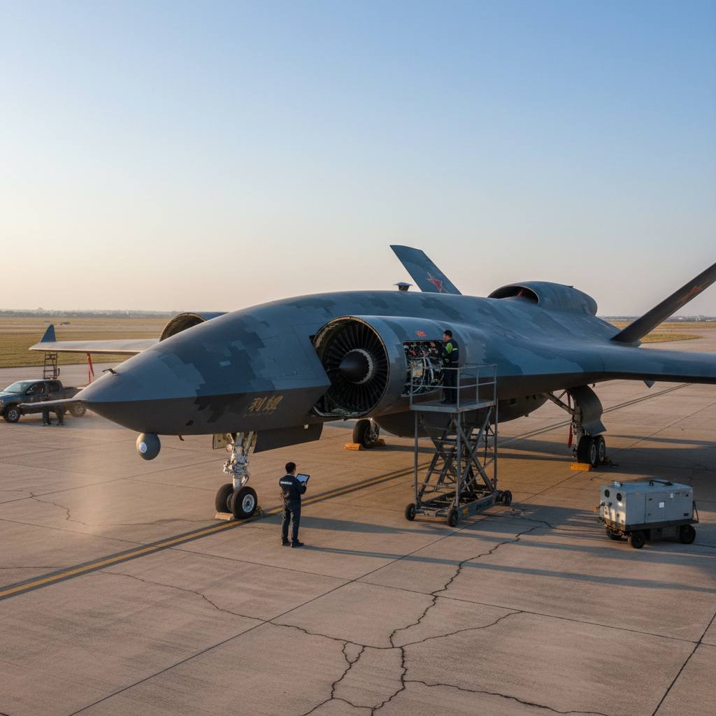 Large fixed-wing Chinese military drone taxiing on a runway preparing for long-range mission