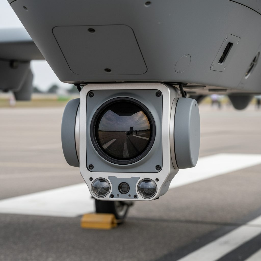 Close-up of a high-tech electro-optical sensor gimbal mounted on a military UAV