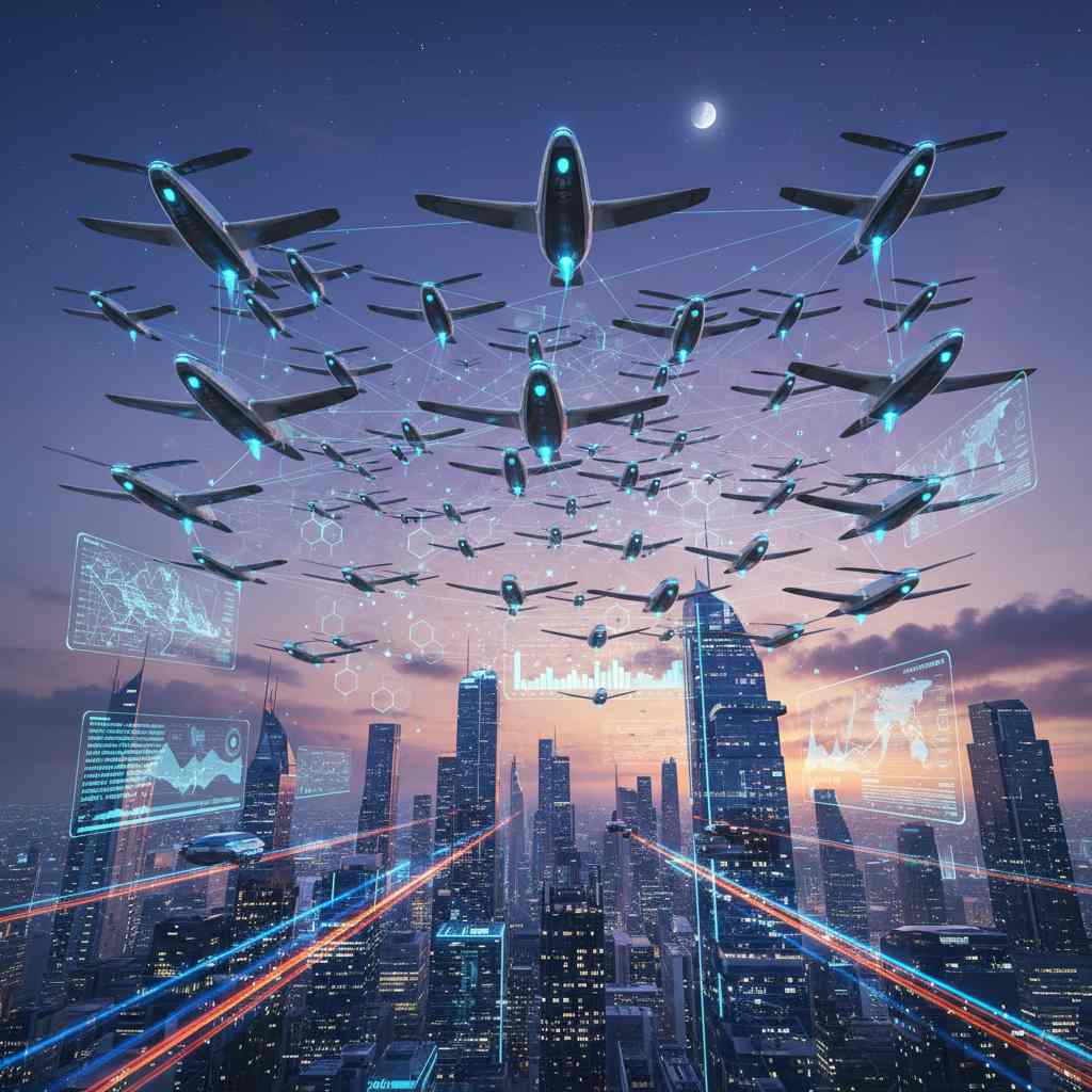 A conceptual visualization of a drone swarm operating in coordination with a command center