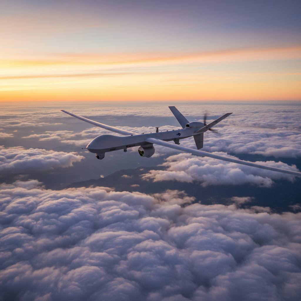 Medium Altitude Long Endurance UAV performing surveillance operations at sunset