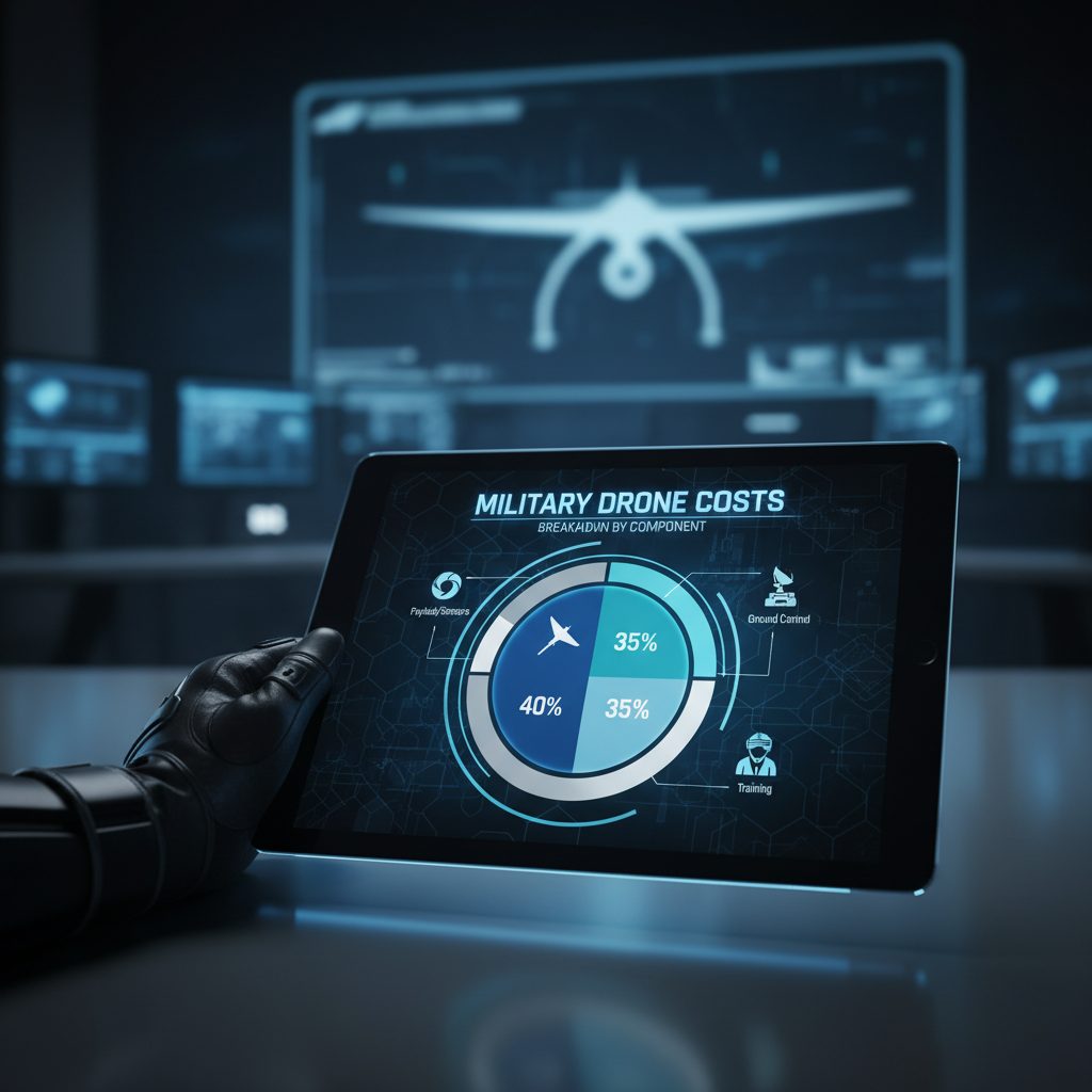 Infographic showing the breakdown of military drone cost factors including payload and airframe