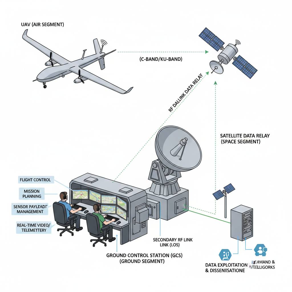 Diagram showing the components of a Unmanned Aerial System including GCS and Data Link