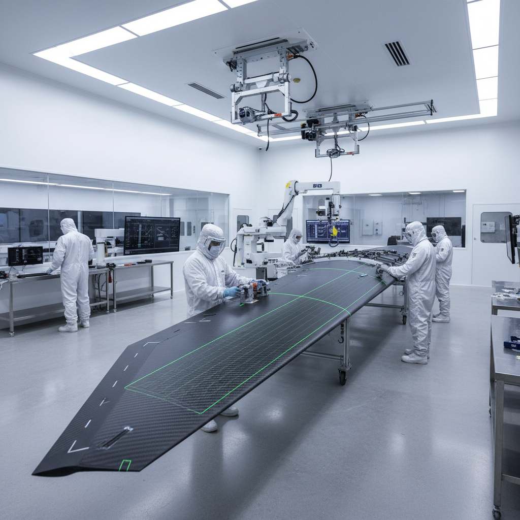 High-tech assembly line showing technicians assembling carbon fiber drone wings