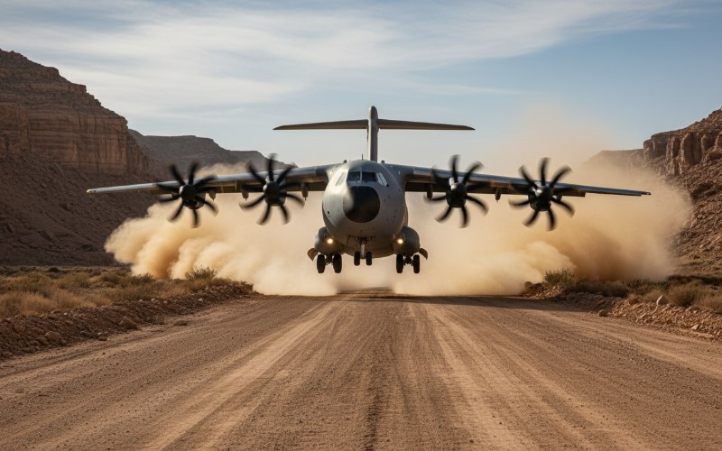 Airbus A400M Atlas performing a tactical landing on a dirt runway