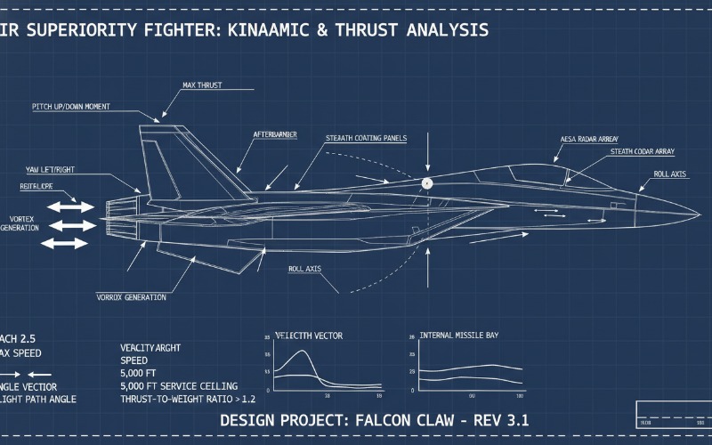 Diagram showing thrust vectors and kinematic performance of an air superiority fighter