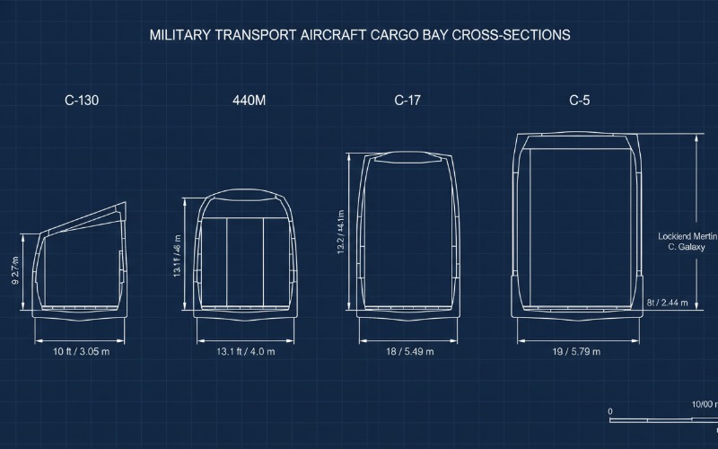 Diagram of C-17 Globemaster III cargo hold dimensions relative to standard ISO containers