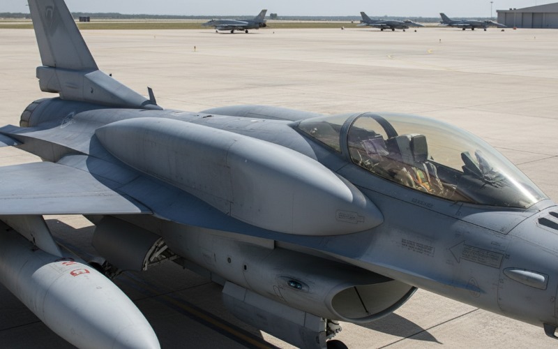 Detailed view of conformal fuel tanks mounted on the fuselage of an F-16 fighter jet