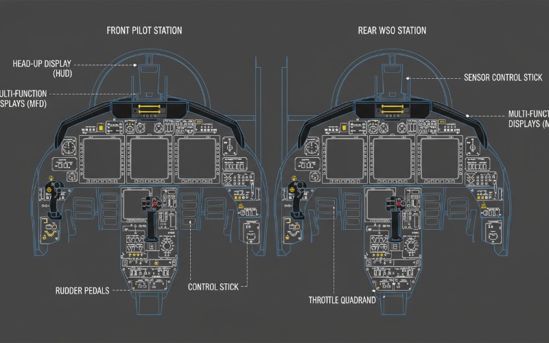 Diagram of F-15E Strike Eagle two-seat cockpit configuration showing pilot and WSO instrument panels