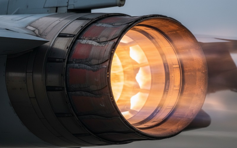 Close up of fighter jet nozzle with afterburner engaged showing shock diamonds