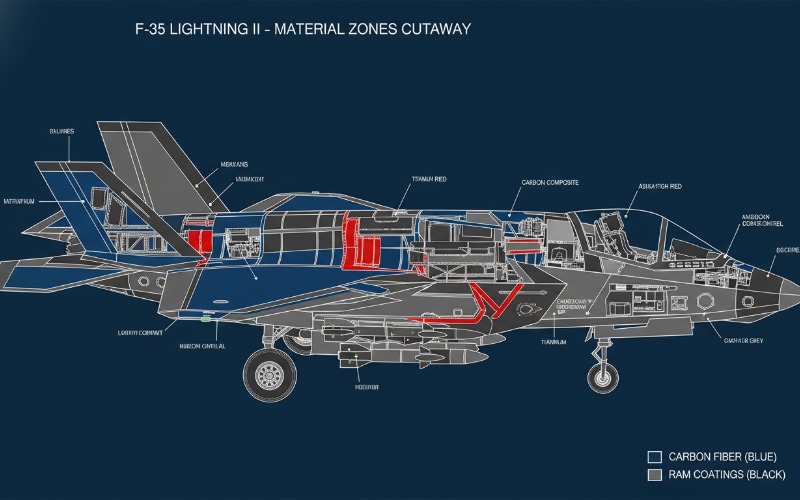 Cutaway view of fighter jet material composition highlighting carbon fiber and titanium zones