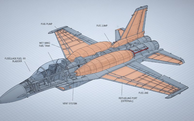 Cutaway diagram showing internal fuel bladder locations and wet wing structure in a generic multi-role fighter