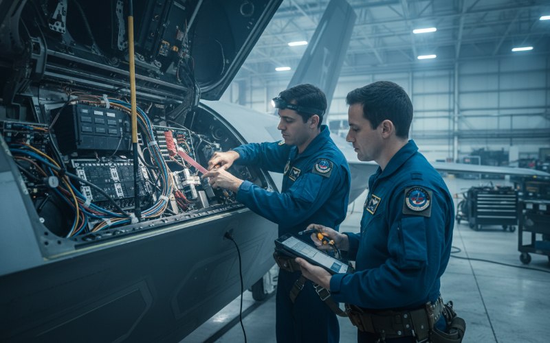Technicians performing avionics maintenance on a multirole fighter jet using advanced diagnostic equipment