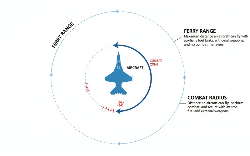 Technical diagram showing fighter jet combat radius versus ferry range with external fuel tanks