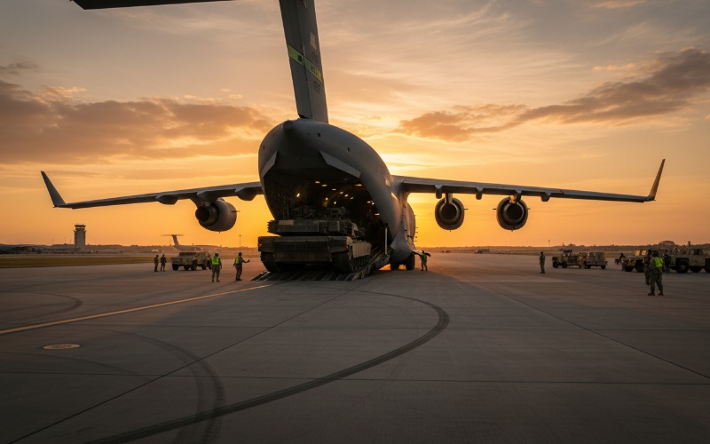 C-17 Globemaster III military transport aircraft on a runway preparing for cargo loading
