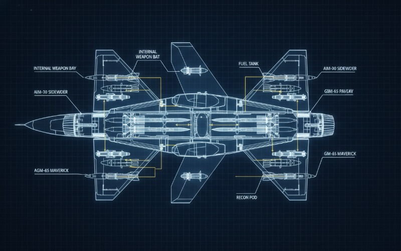 Diagram of a multirole fighter jet displaying hardpoints for air-to-air missiles and ground-attack munitions