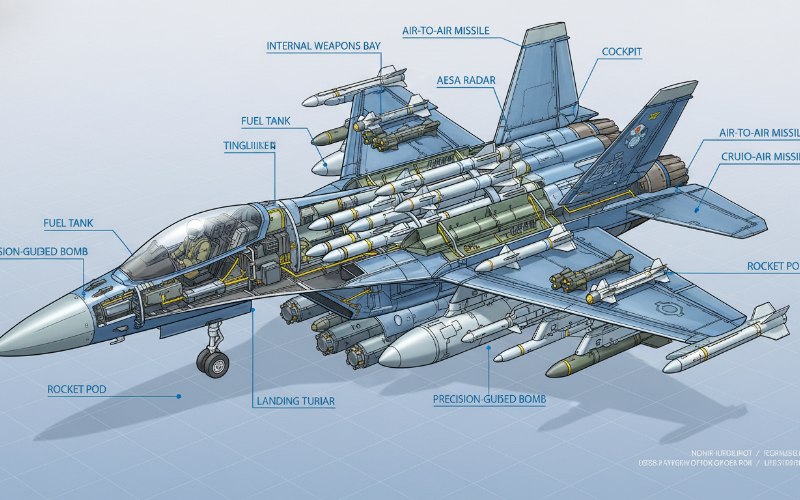 Cross-section of a multirole fighter showing internal weapons bays and external hardpoints