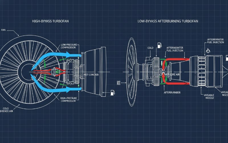 Technical diagram comparing airflow in high-bypass vs low-bypass turbofan engines