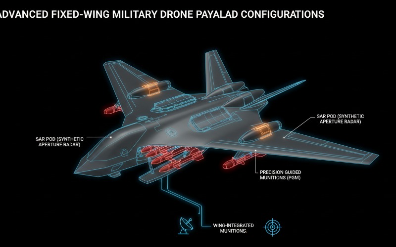 Diagram showing advanced fixed wing military drone payload configurations including SAR and PGMs