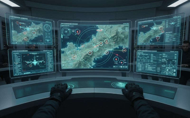 Schematic illustration of a fixed wing military drone showing aerodynamic lift and SATCOM data-link pathways