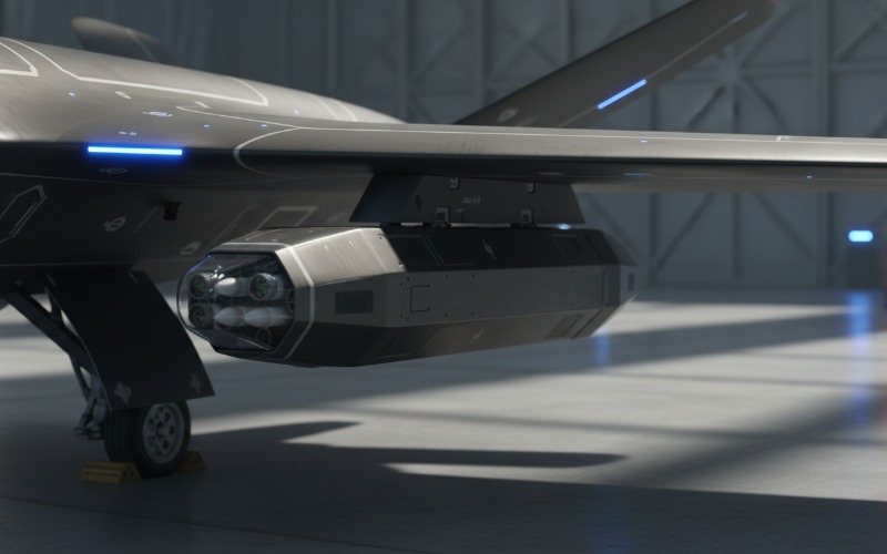 Close up of precision guided munitions mounted on a fixed wing drone