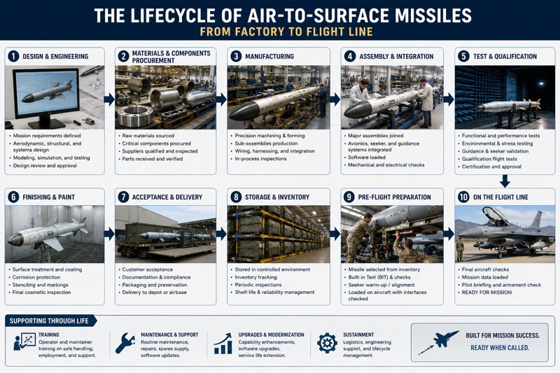 Diagram showing the lifecycle of air-to-surface missiles from factory to flight line