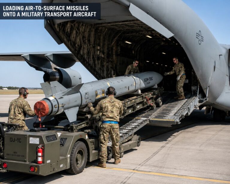 Loading air-to-surface missiles onto a military transport aircraft