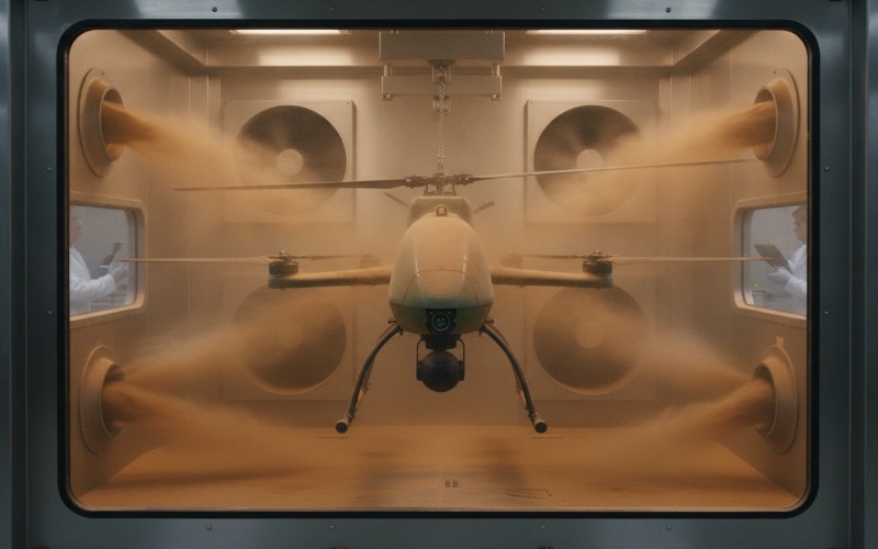 MIL-STD-810H environmental testing chamber showing a VTOL unmanned helicopter under sand and dust test