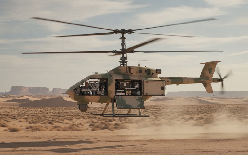 Side view of coaxial rotor unmanned helicopter in mid-flight over desert terrain showing payload bay