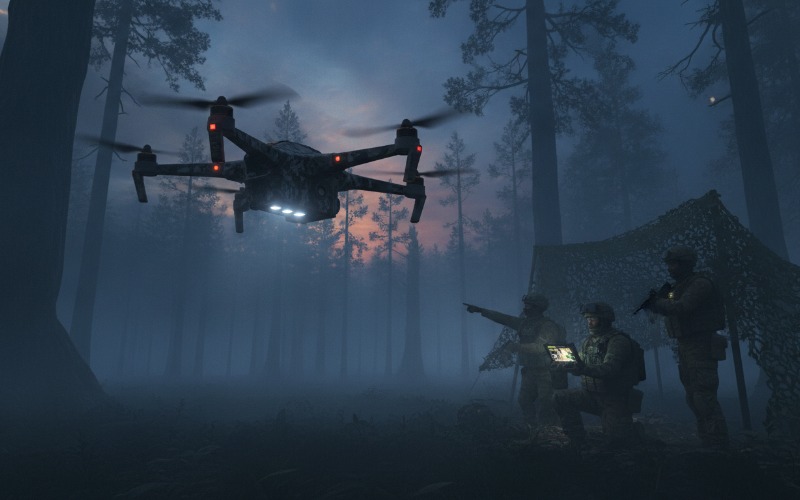 Small quadcopter UAV hovering over forested area at dusk, military personnel in background