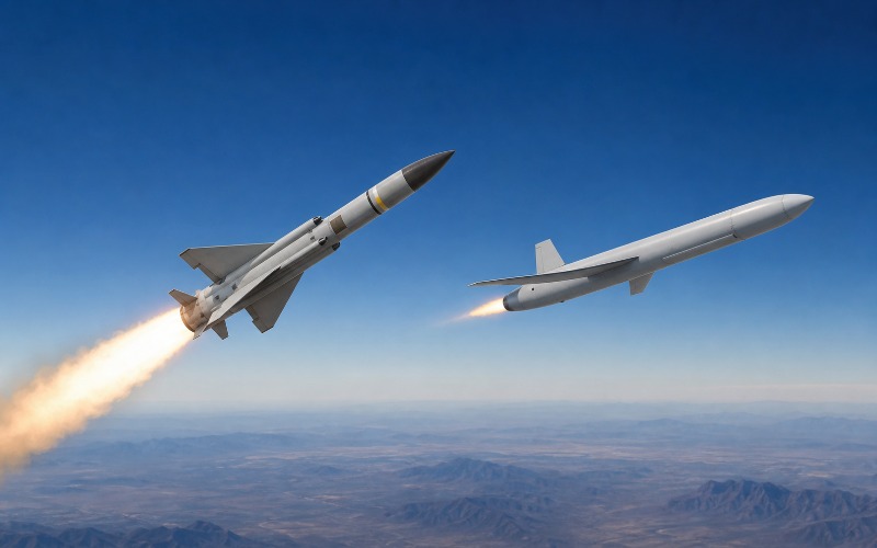 Diagram comparing the flight paths of an air-to-surface missile and a cruise missile
