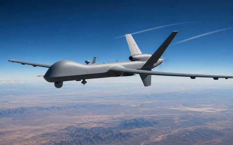 Military drone flying over desert terrain with ground control station in background